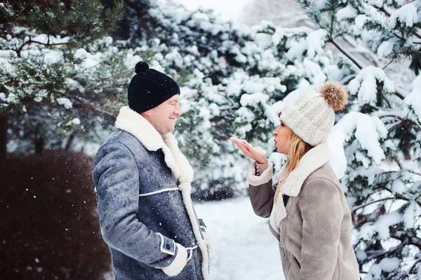 Winter Portrait Happy Couple Playing Blowing Snow Spending Good Day — Stock Photo, Image