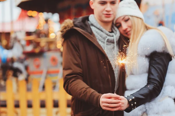 Happy Couple Christmas Firelights Walking City Holiday Amusement Park Carousel — Stock Photo, Image