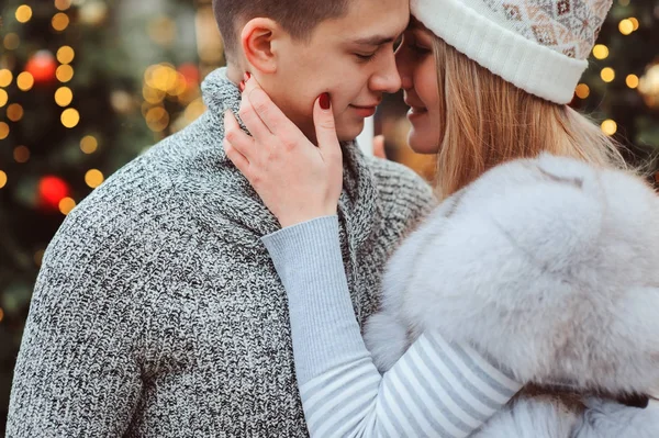 Happy Loving Couple Kisses Enjoying Christmas New Year Holidays Outdoor — Stock Photo, Image