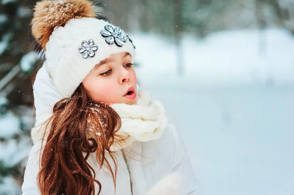 Winter Close Portrait Cute Dreamy Child Girl White Coat Hat — Stock Photo, Image