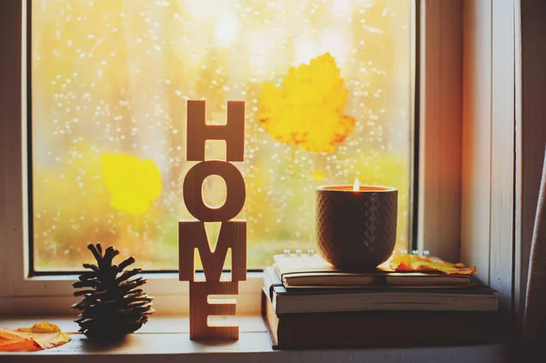 Cozy Autumn Morning Home Hot Tea Candle Window Rainy Cold — Stock Photo, Image