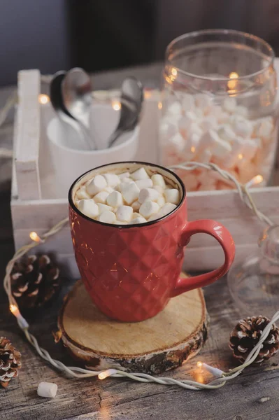 Hot Cocoa Marshmallows Wooden Table Christmas Lights Cozy Winter Home — Stock Photo, Image