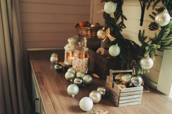 Casa Campagna Cucina Decorata Natale Capodanno Vacanze Marhmallow Candele Cacao — Foto Stock
