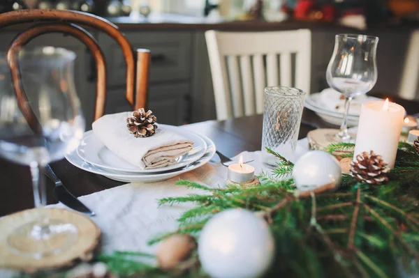 Festive Christmas New Year Table Setting Scandinavian Style Rustic Handmade — Stock Photo, Image