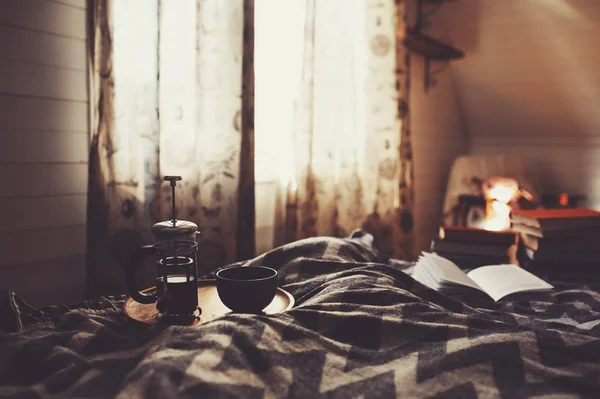 Cozy Winter Morning Cup Hot Tea Nordic Bedroom Interior Country — Stock Photo, Image