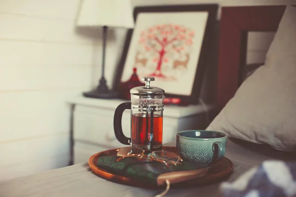 Ζεστό Πρωινό Του Χειμώνα Στο Σπίτι Ζεστό Τσάι Πρωινό Στο — Φωτογραφία Αρχείου