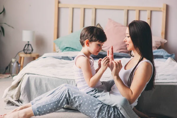 Mother Playing Child Son Bedroom Happy Family Wearing Pajamas Morning — Stock Photo, Image