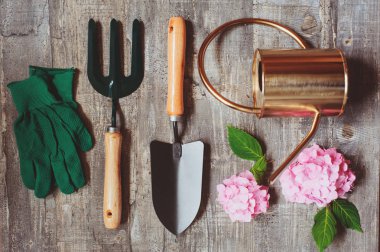 Bahçe aletleri, sulama olabilir, çiçek ve eldiven yaz bahçıvan tablo üstten görünüm