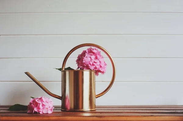 Pink Hydrangea Flowers Watering Can Wooden Table — Stock Photo, Image