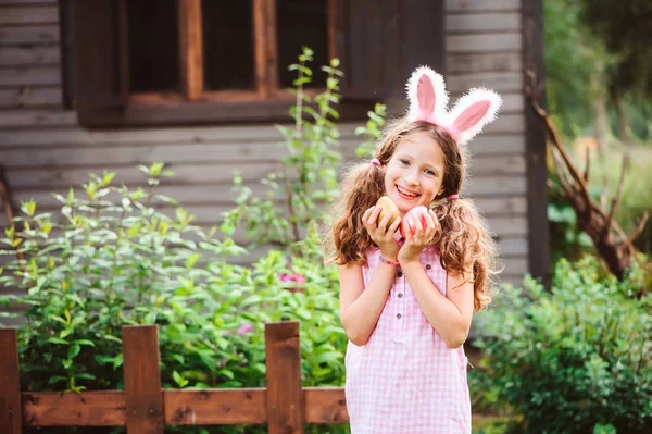 Pasen Portret Van Gelukkig Kind Meisje Funny Bunny Oren Egg — Stockfoto