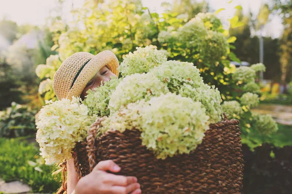 Happy Romantic Kid Girl Picking Flowers Sunny Summer Garden — Stock Photo, Image