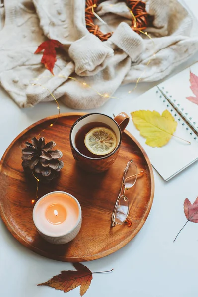 Acogedora Mañana Otoño Invierno Casa Detalles Naturaleza Muerta Con Taza —  Fotos de Stock