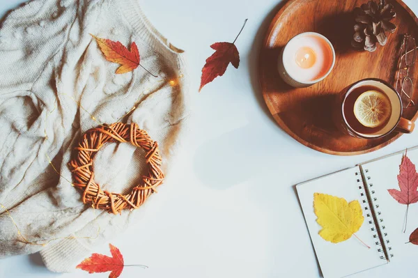 Cozy Autumn Table Top View Still Life Details Hygge Style — Stock Photo, Image