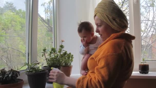 Щаслива мама з дитиною доглядає за кімнатними рослинами вдома . — стокове відео