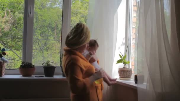 Happy Mom with baby caring for houseplants and dancing — Stock video