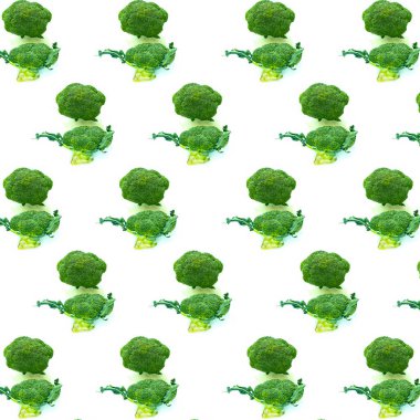 Dekoratif sebze deseni. Beyaz Arkaplanda taze brokoli sebzeleriyle geçmişe dönük moda süslemeler. Üst Görünüm