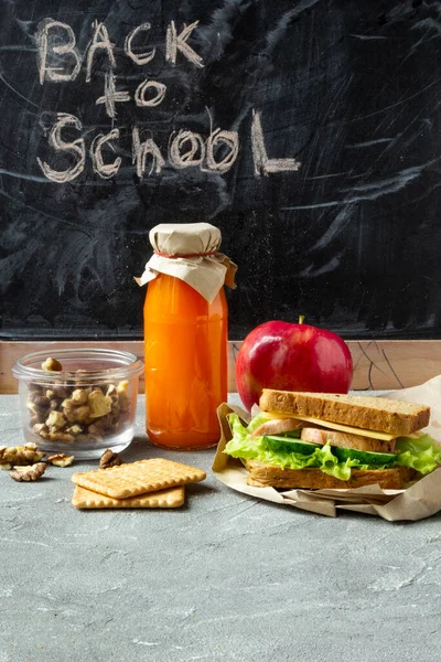 School Healthy Lunch Sandwich Cheese Cucumber Walnuts Crackers Juice Apple — Stock Photo, Image
