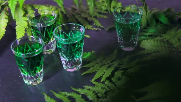 Erős Alkohol Egy Kis Szemüveg Zöld Abszinttal Erdei Páfrány Gyönyörű — Stock videók