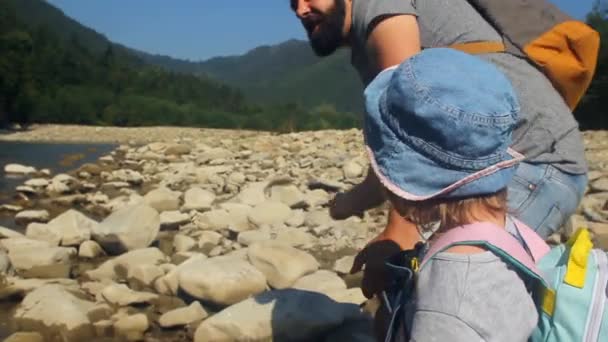 Papa met een dochtertje gooit stenen in een bergrivier. Reizen met kinderen — Stockvideo