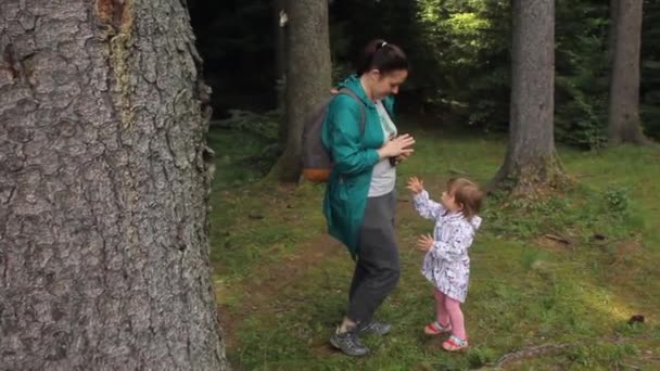 Podróżująca kobieta z dzieckiem, spacerująca po lesie. — Wideo stockowe