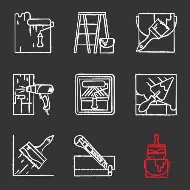 İnşaat araçları tebeşir Icons set: boya silindiri, İskele Merdiven, kova fırça, sıcak hava tabancası, macun spatulası, tutkal ile fırça, ileti örneği bıçak, boyama