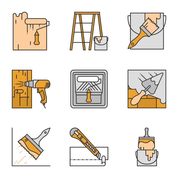 Construction Tools Color Icons Set Paint Roller Scaffolding Ladder Bucket — Stock Vector