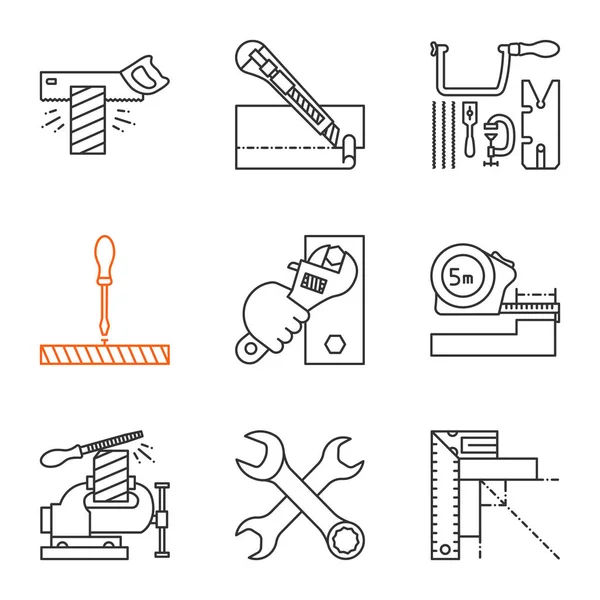 Lineares Symbolset Für Bauwerkzeuge Zapfensäge Schreibwarenmesser Schraubendreher Schraubenschlüssel Meter Schraubstock — Stockvektor