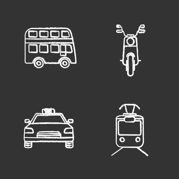 Set Icone Gesso Trasporto Pubblico Autobus Due Piani Scooter Taxi — Vettoriale Stock