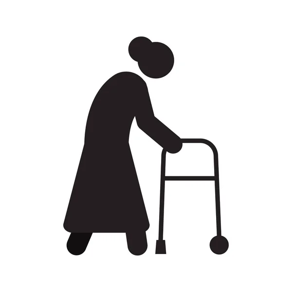 Ηλικιωμένη Γυναίκα Πηγαίνει Εικονίδιο Σιλουέτα Walker Που Απομονώνονται Λευκό Φόντο — Διανυσματικό Αρχείο