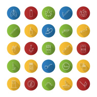 Sigara düz doğrusal uzun gölge Icons set. 