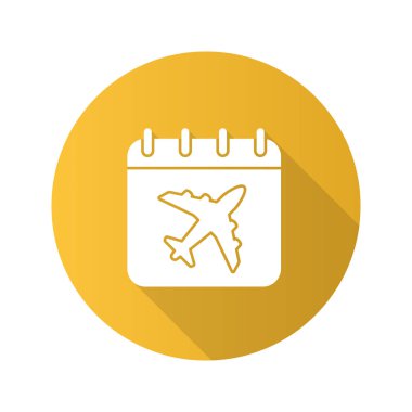 Uçuş tarihi düz tasarım uzun gölge glif simgesi. Uçak ile takvim sayfası. Uçak kalkış tarihi. Vektör siluet çizimi