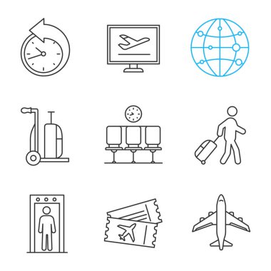 Havaalanı doğrusal Icons set. Yeniden zamanlama, online rezervasyon, rota, Bagaj arabası, bekleme salonu, yolcu, metal dedektör, Bilet, uçak. İnce çizgi kontur sembolleri. İzole vektör anahat çizimler