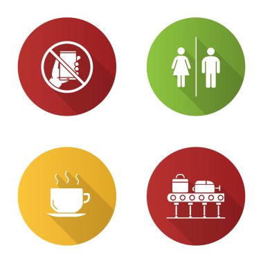 Havaalanı Servisi düz tasarım uzun gölge glif simgeler kümesi. Akıllı telefon yasağı, Wc işareti, sıcak içecek, Bagaj atlıkarınca. Vektör siluet çizimi