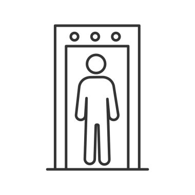 Metal dedektörü portal doğrusal simgesi. İnce hat illüstrasyon. Havaalanı güvenlik inceden inceye gözden geçirmek içinde biri ile. Kontur sembolü. İzole vektör çizim