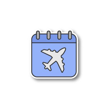 Uçuş tarihi yama. Uçak ile takvim sayfası. Uçak kalkış tarihi. Renk etiket. İzole vektör çizim