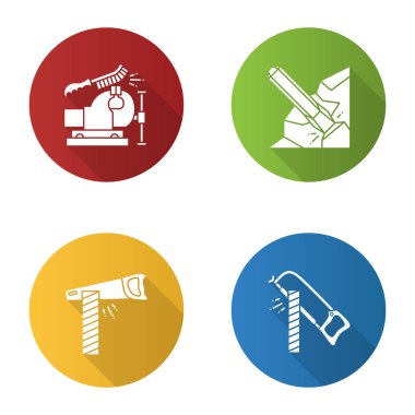 İnşaat araçları düz tasarım uzun gölge glif simgesi. Tezgah Yardımcısı ve tel fırça, demir keski, el testeresi ve ahşap tahta kesme demir testeresi. Vektör siluet çizimi