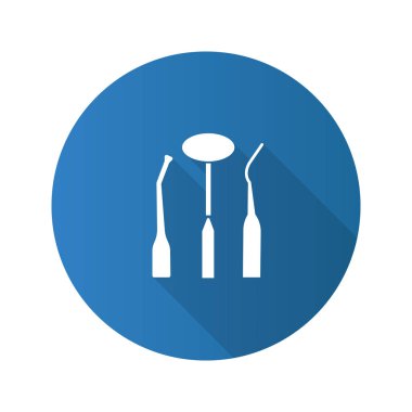 Diş aletleri düz tasarım uzun gölge glif simgesi. Ağız ayna, diş sonda ve dişçi tarak. Vektör siluet çizimi