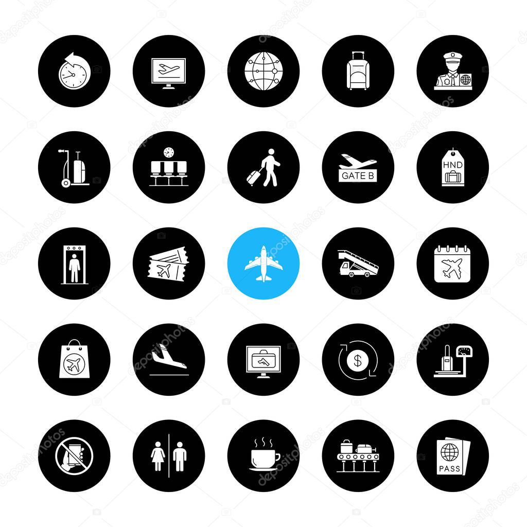 Airport service glyph icons set. Passport control, baggage check, tickets, flights management. Vector white silhouettes illustrations in black circles