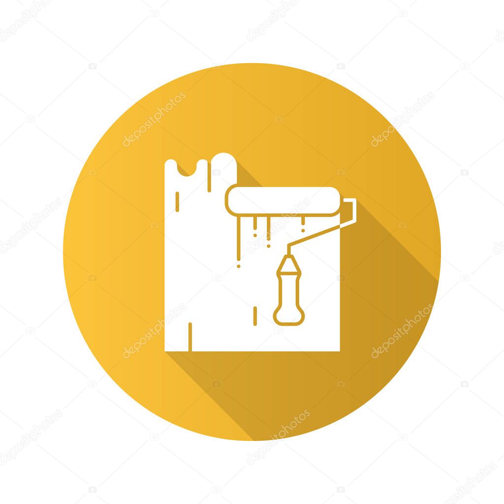Paint roller dyeing wall flat linear long shadow icon. Interior design. Vector outline symbol