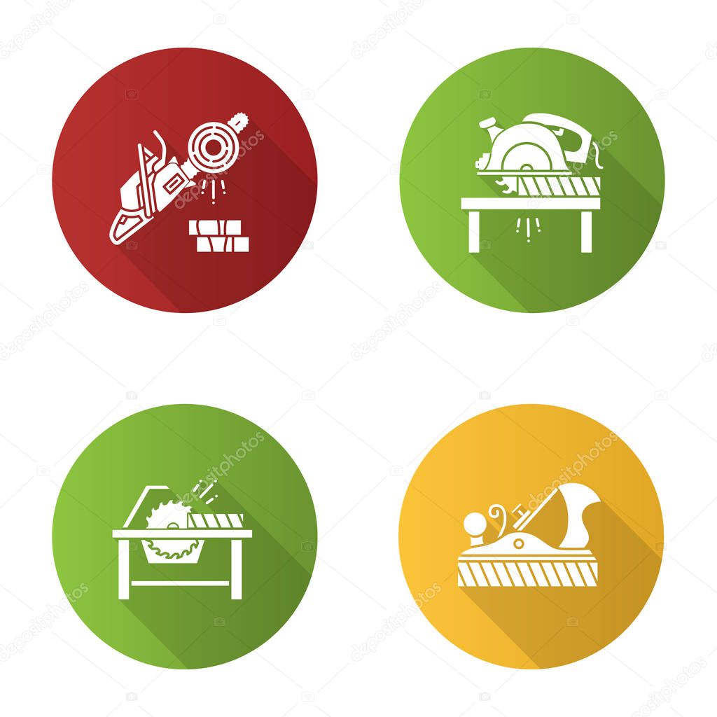 Construction tools flat design long shadow glyph icon. Woodworking. Chainsaw, circular saws, jack plane. Vector silhouette illustration