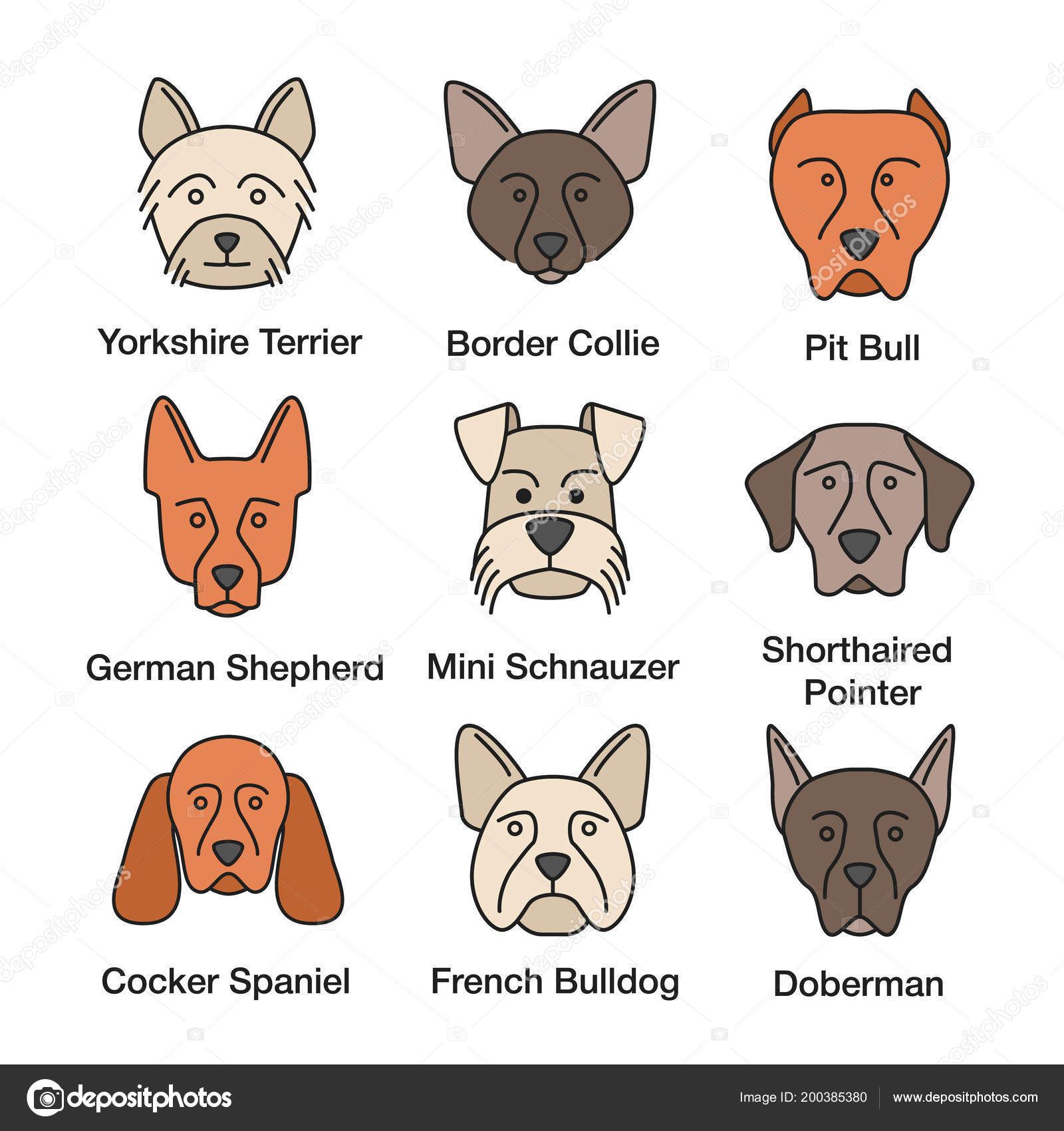 Dogs Breeds Color Icons Set Yorkshire Terrier German Shepherd Cocker ...