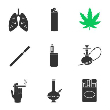 Sigara glif Icons set. İnsan akciğer, daha hafif, marihuana yaprağı, Sigara paketi, nargile, Sigara içen el, nargile, vape çevir. Siluet simgeler. İzole vektör çizim