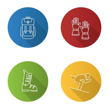 Kış etkinlikleri düz doğrusal uzun gölge Icons set. Sırt çantası, Kayak eldiven ve çizmeler, kayakçı. Vektör anahat çizim