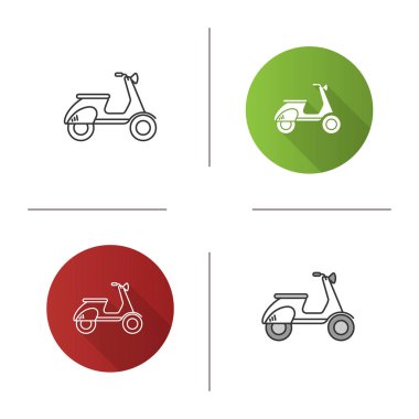Scooter yan görünüm simgesi. Tasarım, doğrusal düz ve stilleri renk. Motosiklet... İzole vektör çizimler