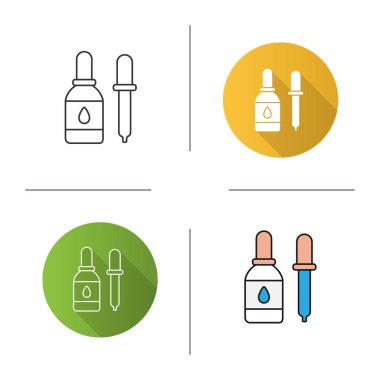 Göz damlaları ve Damlalık simgesini. Tıp. Sıvı şişe. Tasarım, doğrusal düz ve stilleri renk. İzole vektör çizimler
