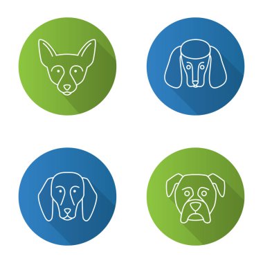 Köpekler doğurmak düz doğrusal uzun gölge simgeler kümesi. Chihuahua, fino köpeği, beagle, boksör. Vektör anahat çizim