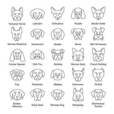 Köpekler doğurmak doğrusal Icons set. Kılavuzu, koruyucu, avcılık, köpekler hayvan sürüsü. İnce çizgi kontur sembolleri. İzole vektör anahat çizimler