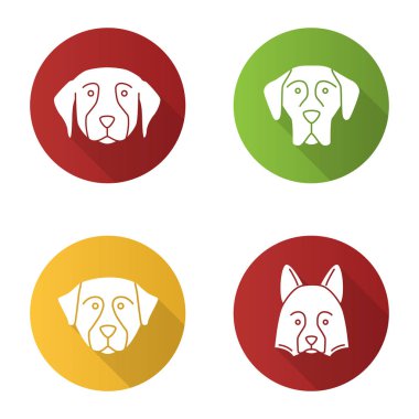 Köpekler doğurmak düz tasarım uzun gölge glif Icons set. Golden Retriever, Danua, Bernese dağ köpeği, Shetland koyun. Vektör siluet çizimi