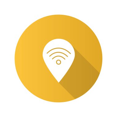 Pinpoint wifi sinyal içinde düz tasarım uzun gölge glif simgesi ile eşleyin. Internet erişim konumu ile yerleştirin. Vektör siluet çizimi