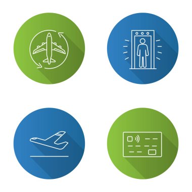 Havaalanı Servisi düz doğrusal uzun gölge simgeler kümesi. Uçuş transit, portal metal detektörü, uçak kalkış, kredi kartı. Vektör anahat çizim